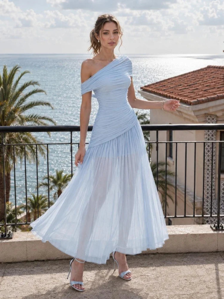 Sexy One Shoulder Ruched Design Long Dress Women Blue Brown Mesh Diagonal Collar Folds Slim Dresses Evening Party Cocktail Gowns