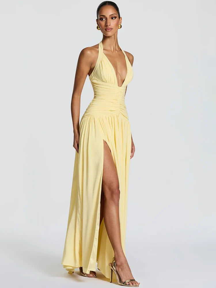 Mozision Halter Deep V Neck Sexy Maxi Dress Women Elegant Off-shoulder Sleeveless High Split Pleated Club Party Long Dress