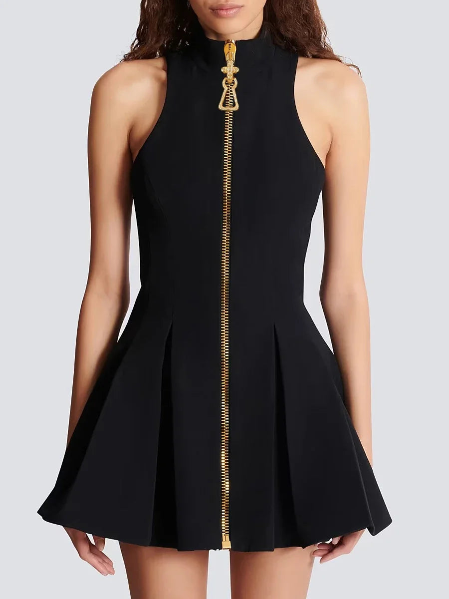 TWOTWINSTYLE Slimming Spliced Zipper Fashion Mini Dresses for Women High Neck Sleeveless High Waist Patchwork Folds Dress Female