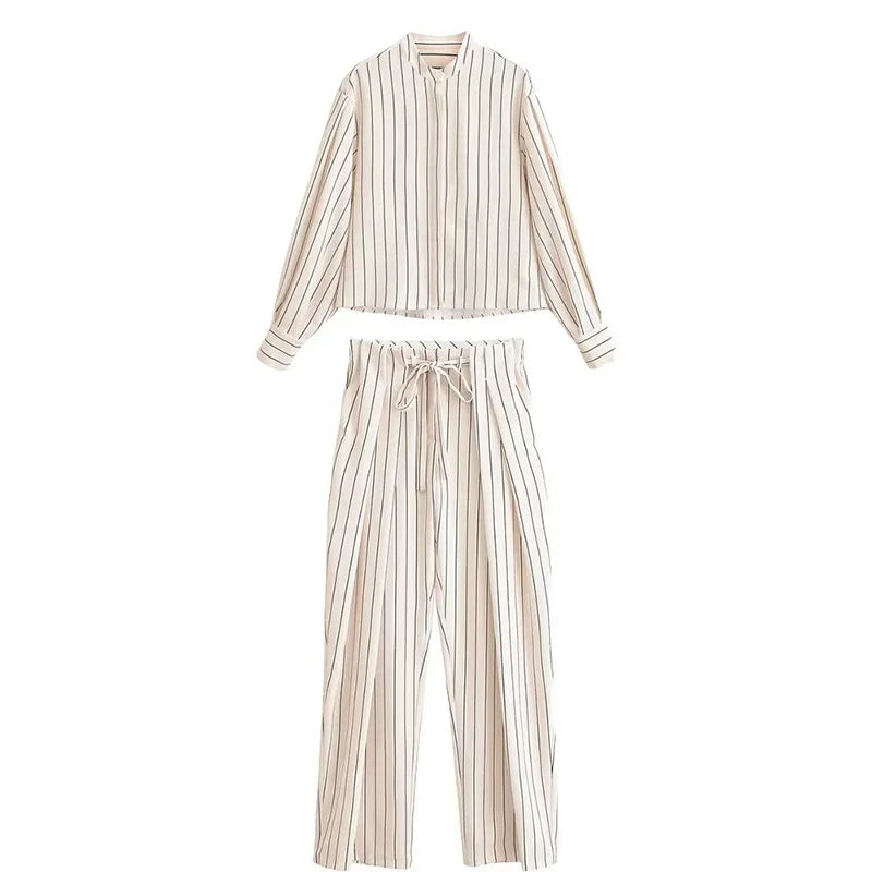 YENKYE 2026 Women Vertical Striped Wide Leg Pants Drawstring Waist Pleated Trousers Casual Loose Fit Pants