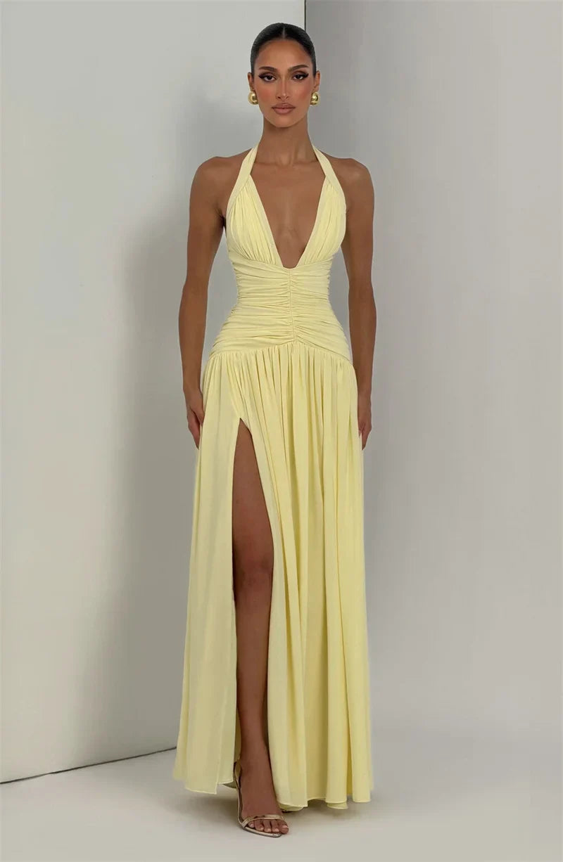 Mozision Halter Deep V Neck Sexy Maxi Dress Women Elegant Off-shoulder Sleeveless High Split Pleated Club Party Long Dress