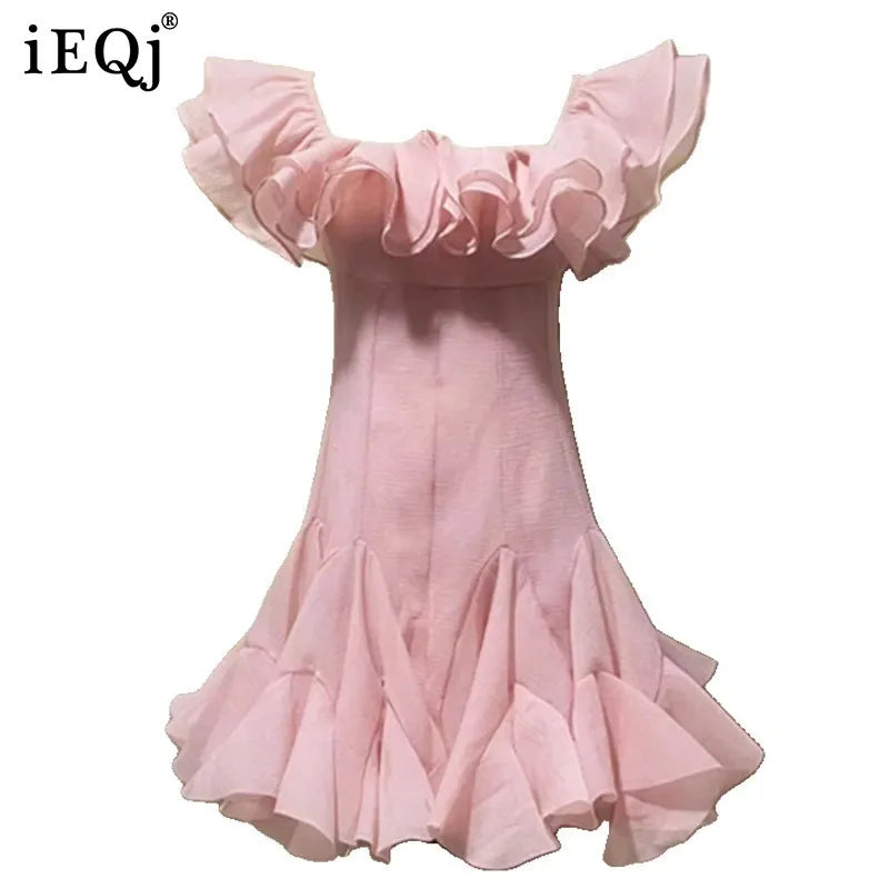 IEQJ Fashion Women Dress Sleeveless Slash Neck Solid Color Lotus Leaf Edge Design Female Party Dresses New Tide 3QW1205