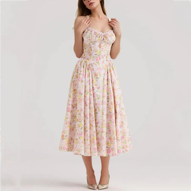 2024 Sexy Pink Corset Style Bow Halter Dress Spliced Lace Drawstring Rope Chest Pleated Slim Low Waist A-lined Swing Midi Robe