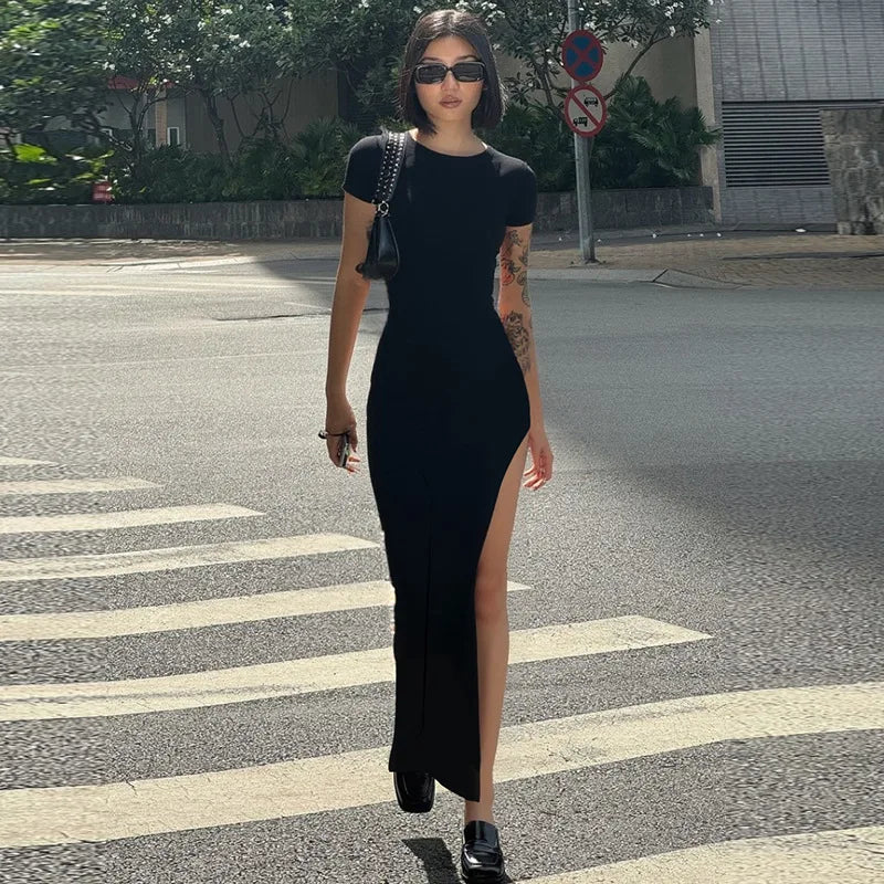 Cryptographic Round Neck Short Sleeve Sexy Bodycon Long Dress Summer Outfits for Women Casual Split Black Dresses Solid Clothes