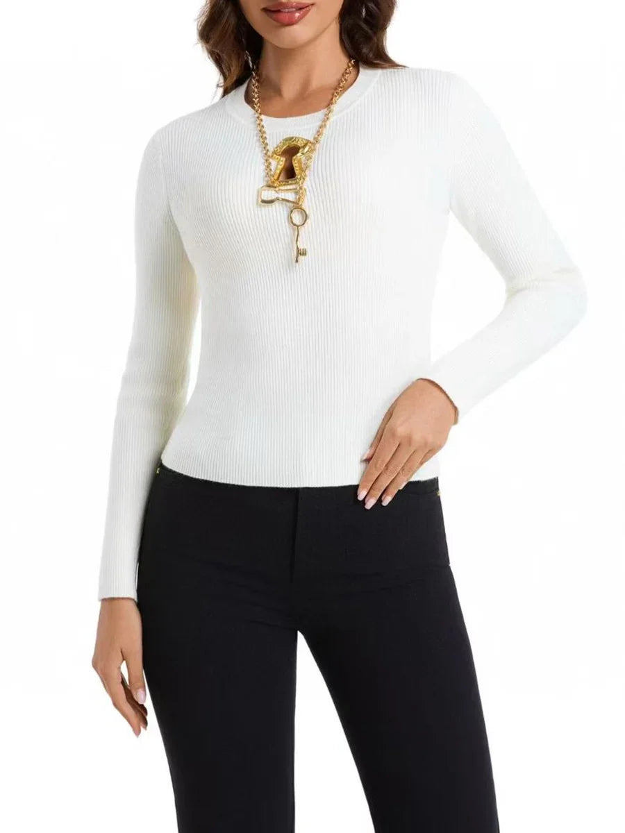 TWOTWINSTYL Solid Slimming Spliced Sequined Basics Sweaters for Women Round Neck Long Sleeves Hollow Out Casual Sweater Female