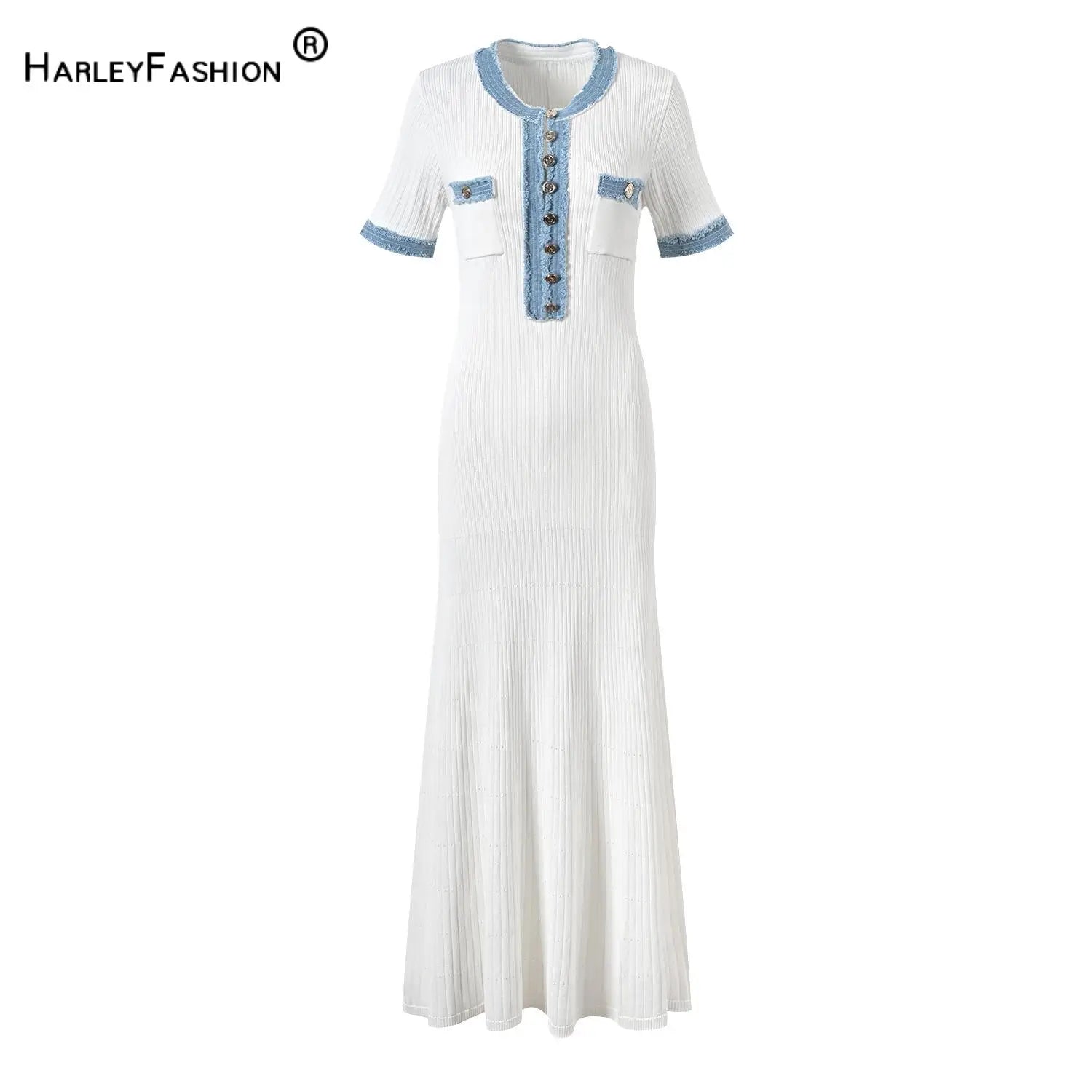 New Arrival O-neckline Women Knitted 2024 Spring Summer Elegant Short Sleeve Bodycon Ladies Fashion Single-breasted Maxi Dresses