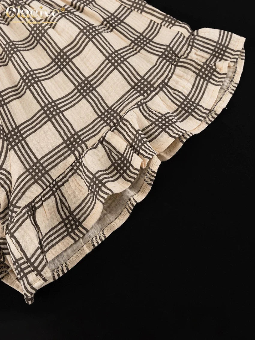 Clacive Fashion Loose Plaid Cotton Shorts Sets For Women 2 Piece Elegant Long Sleeve Shirt + Tube Top With High Waist Shorts Set