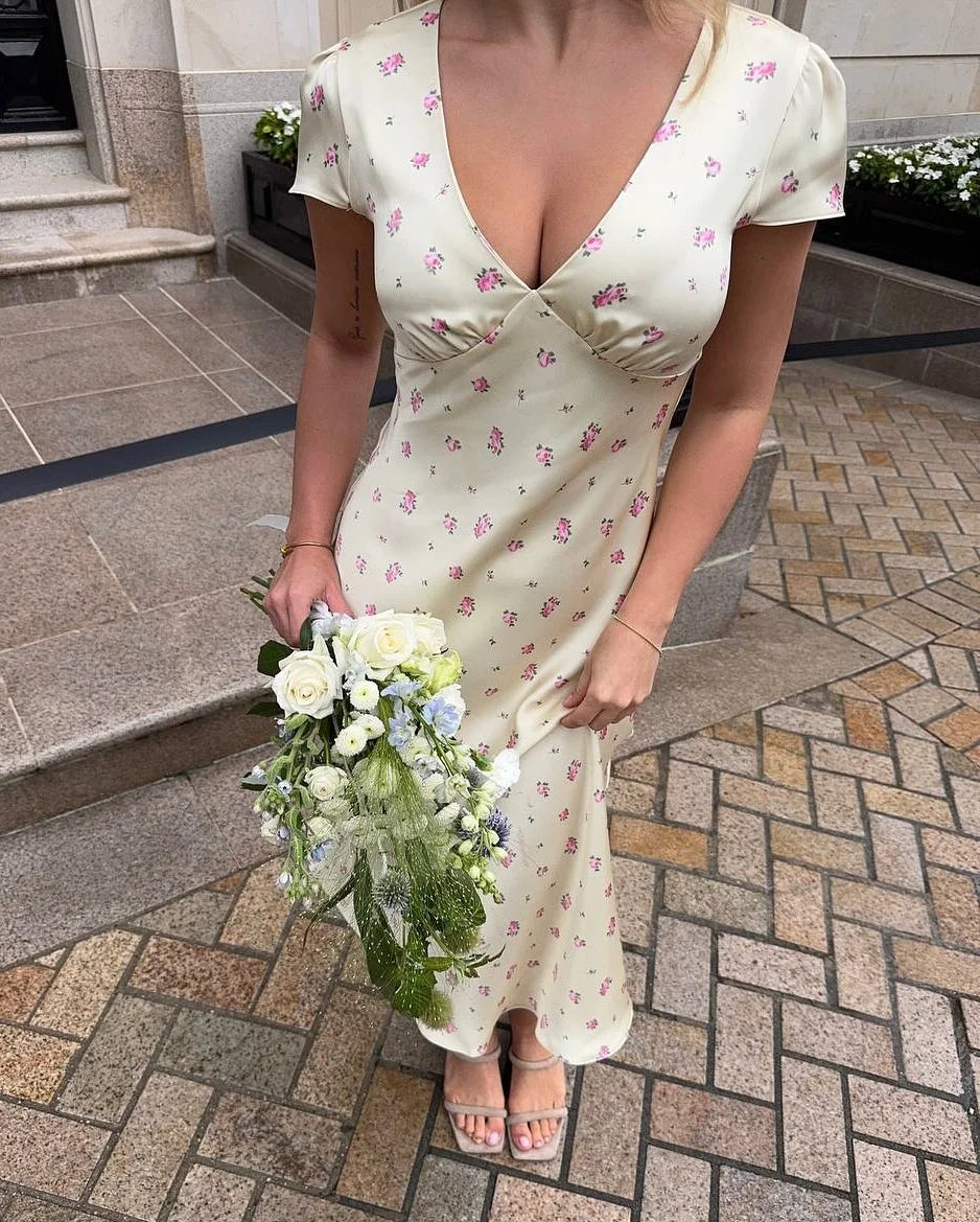 Tuularose Floral Print Long Dress Women's Sexy V Neck Short Sleeve High Waist Dress Female Fashion Casual Vacation Slim Dresses