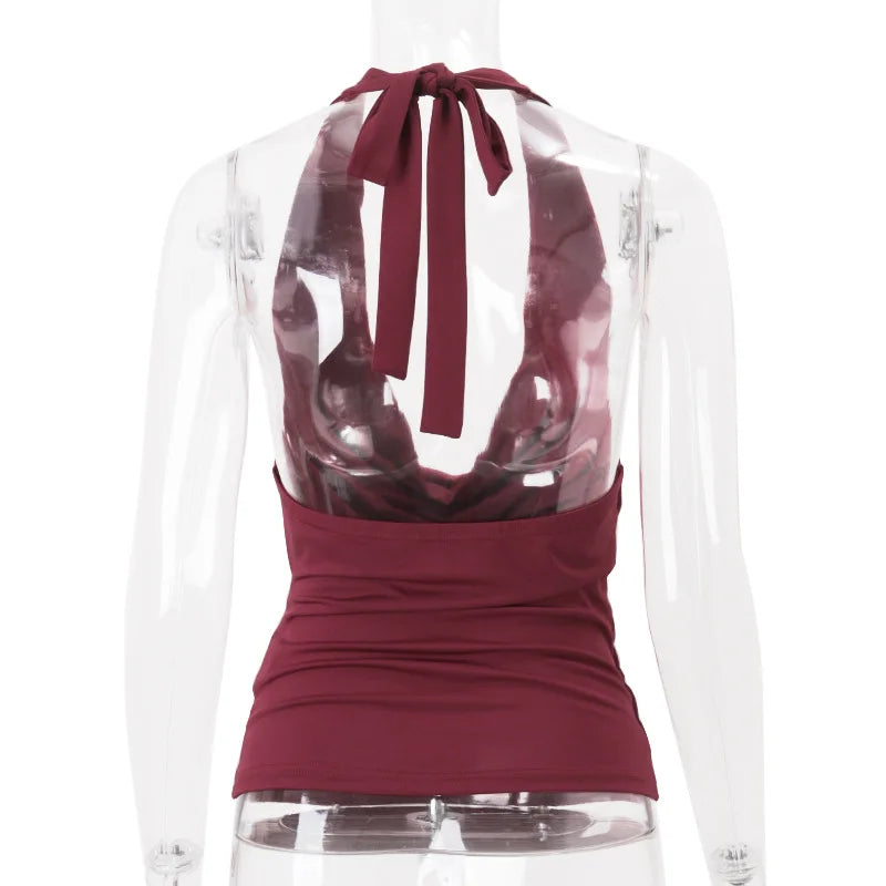 Cryptographic Embellished Ruched Sexy Draped Halter Tops Club Outfits Sleeveless Summer Solid Deep V Neck Cropped Tops Clothes