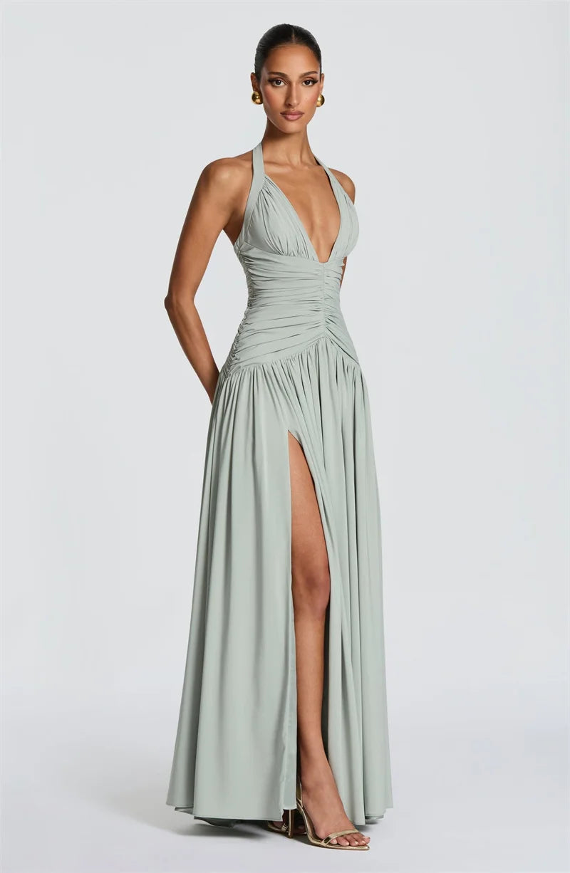 Mozision Halter Deep V Neck Sexy Maxi Dress Women Elegant Off-shoulder Sleeveless High Split Pleated Club Party Long Dress
