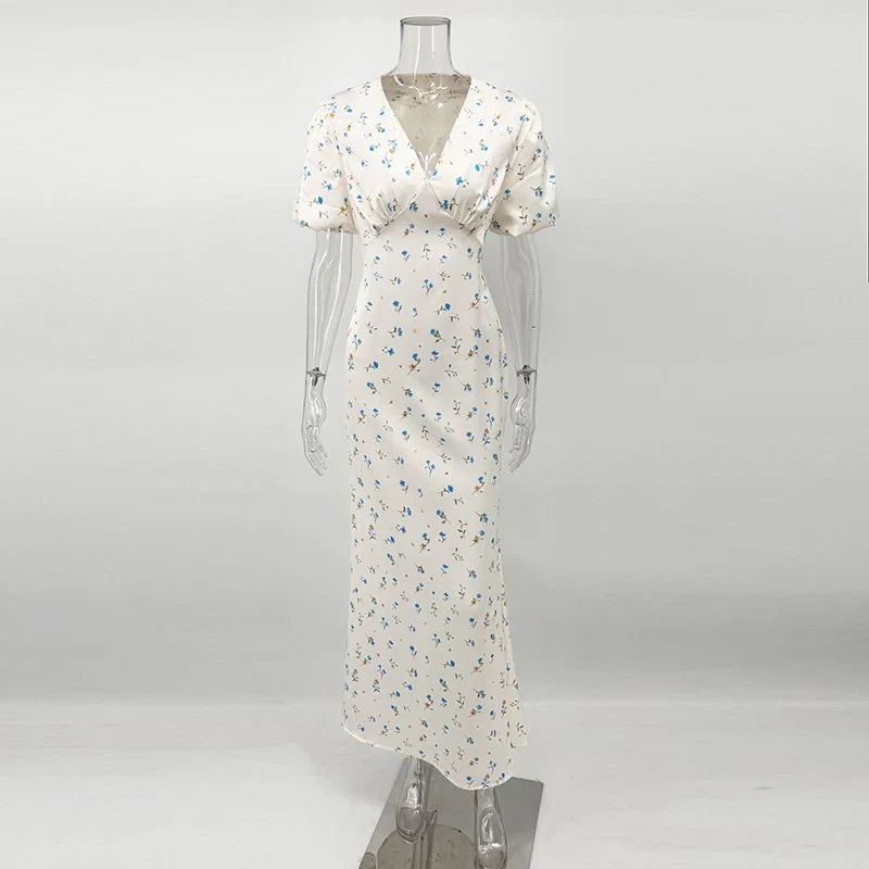 TARUXY Stylish Printed Maxi Dress Women Elegant Slim V-Neck Short-Sleeve Evening Dress Summer New Casual Commuter Female Dress