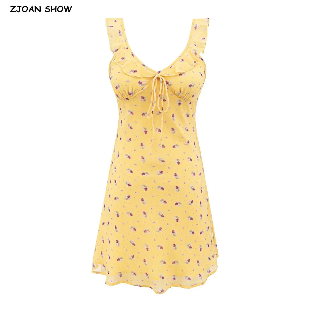 2026 Summer Women Yellow Floral Print V neck Ruffles Strap Sling Dress Slim Waist Side Zipper A-lined Short Tank Dresses Robe