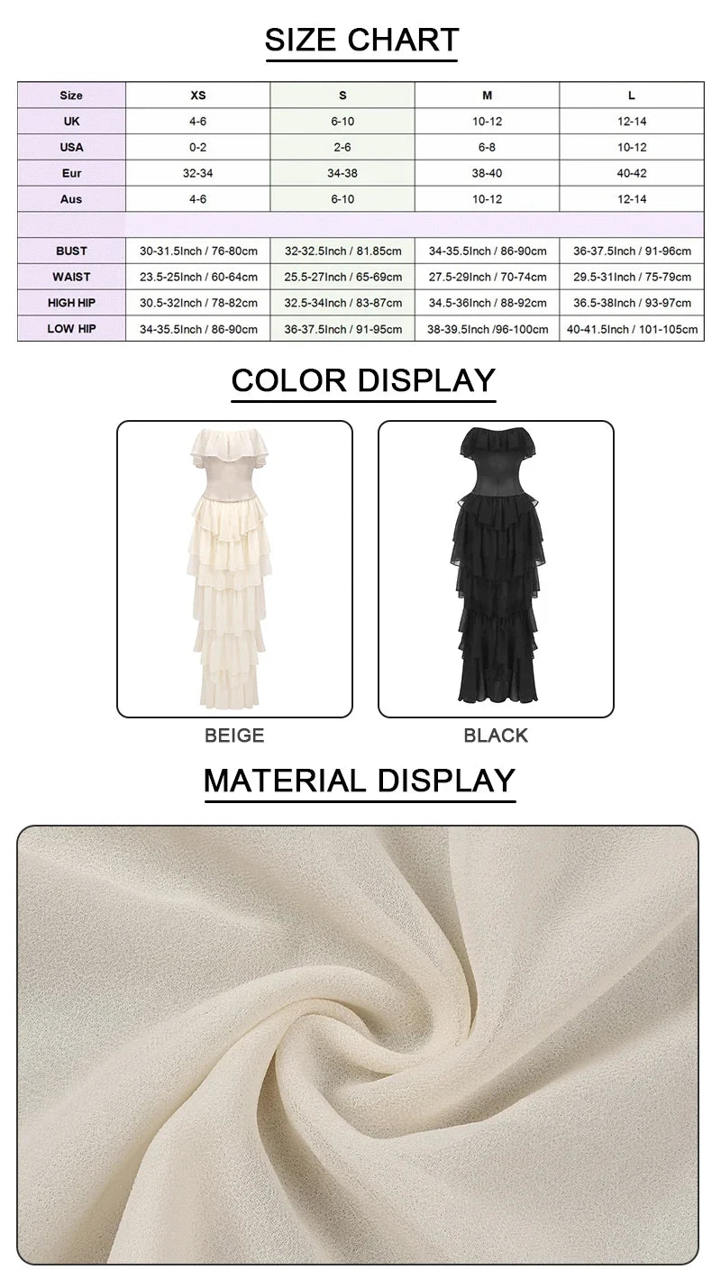 VC Sets For Women 2 Pieces Elegant And Pretty Lace-Up Corset And Slash Neck Long Cake Dress Set Chiffon Female Clothing
