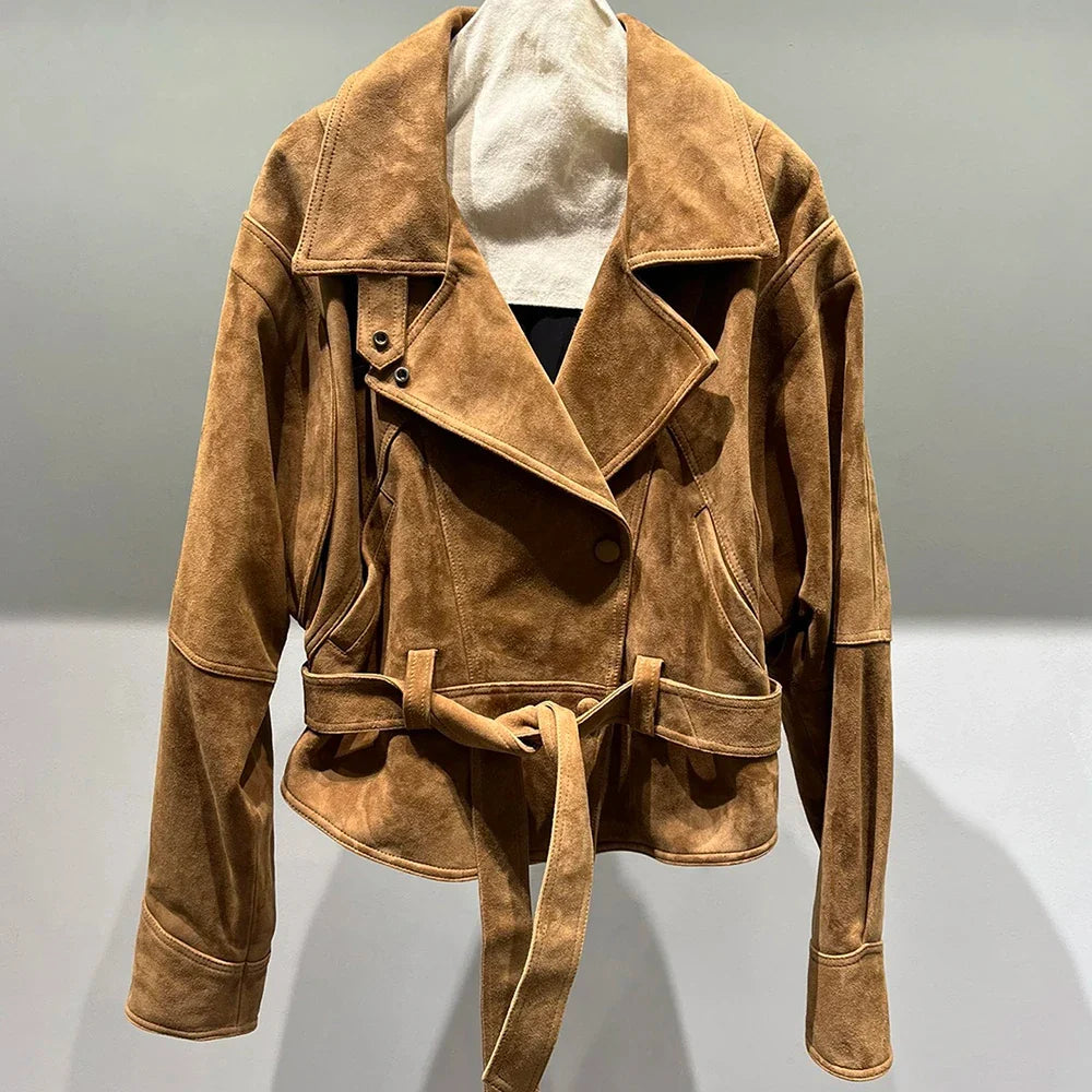 YOLOAgain Single Breasted Vintage Suede Jacket Women With Belt Oversized Real Leather Jacket Female