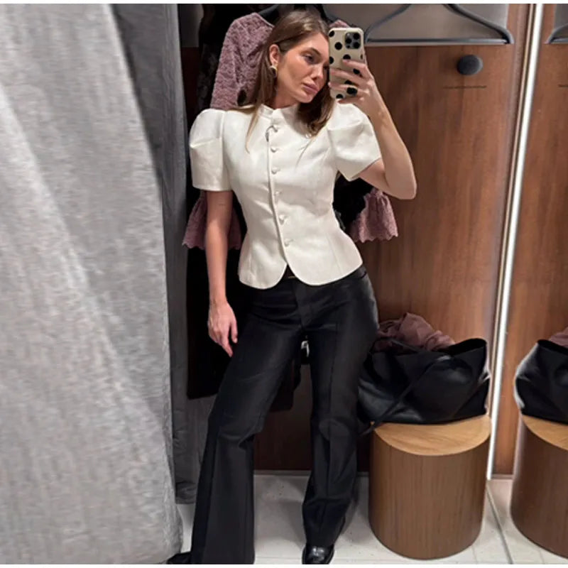 Fashion Street Ruffle Women's Blouse Solid Single Breasted Full Sleeve Pleated Cropped Shirt Lady New Casual Spring Clothing