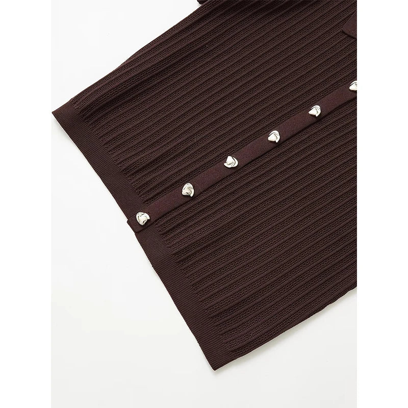 YENKYE Front Button Brown Hollow Out Knit T Shirt Women Short Sleeve Lapel Collar Female Summer Tees Casual  Lady Shirts 2025