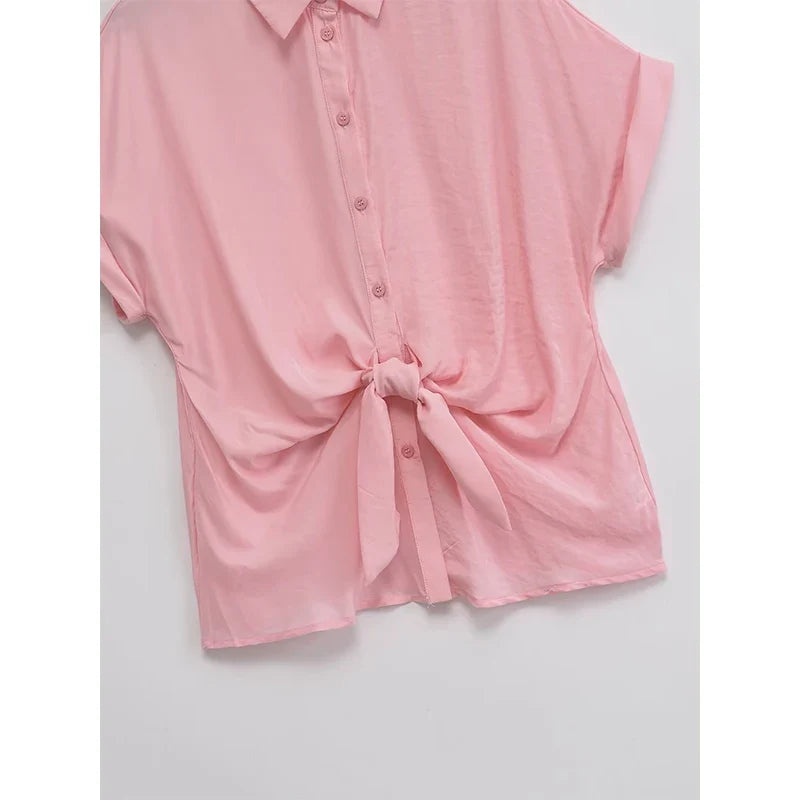 YENKYE 2026 New Women Front Knot Short Sleeve Shirt Lapel Collar Button Down Casual Blouse Loose Summer Tops