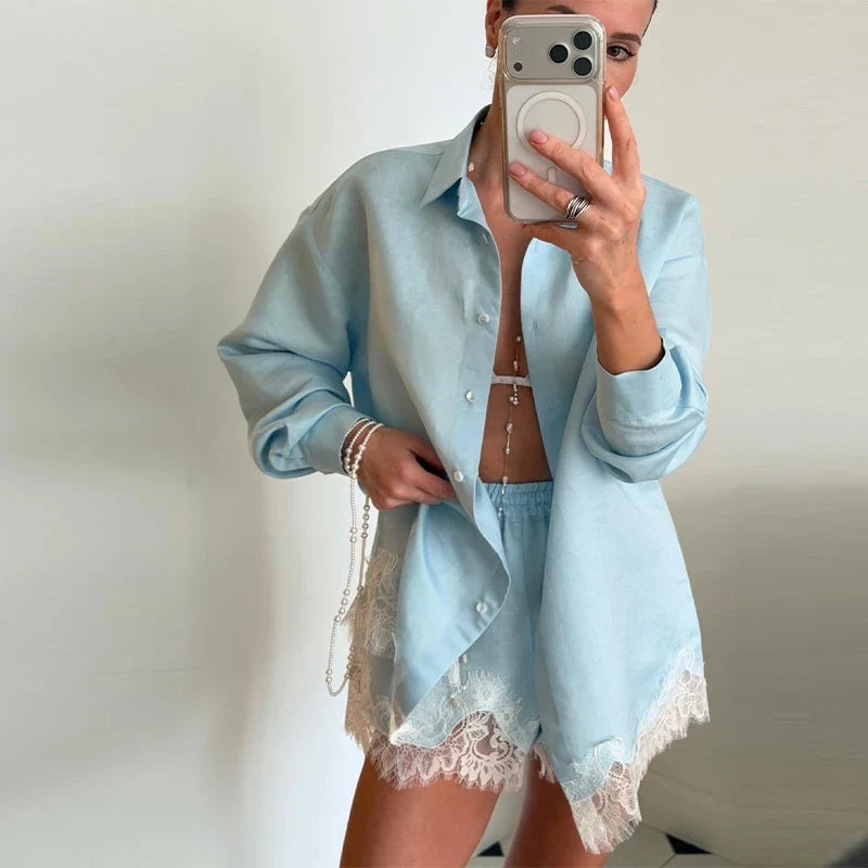 Beach Shirts Shorts Outfits Women Lapel Single Breasted Long Sleeves Lace Patchwork Sets Female 2026 Spring Summer Holiday Sets