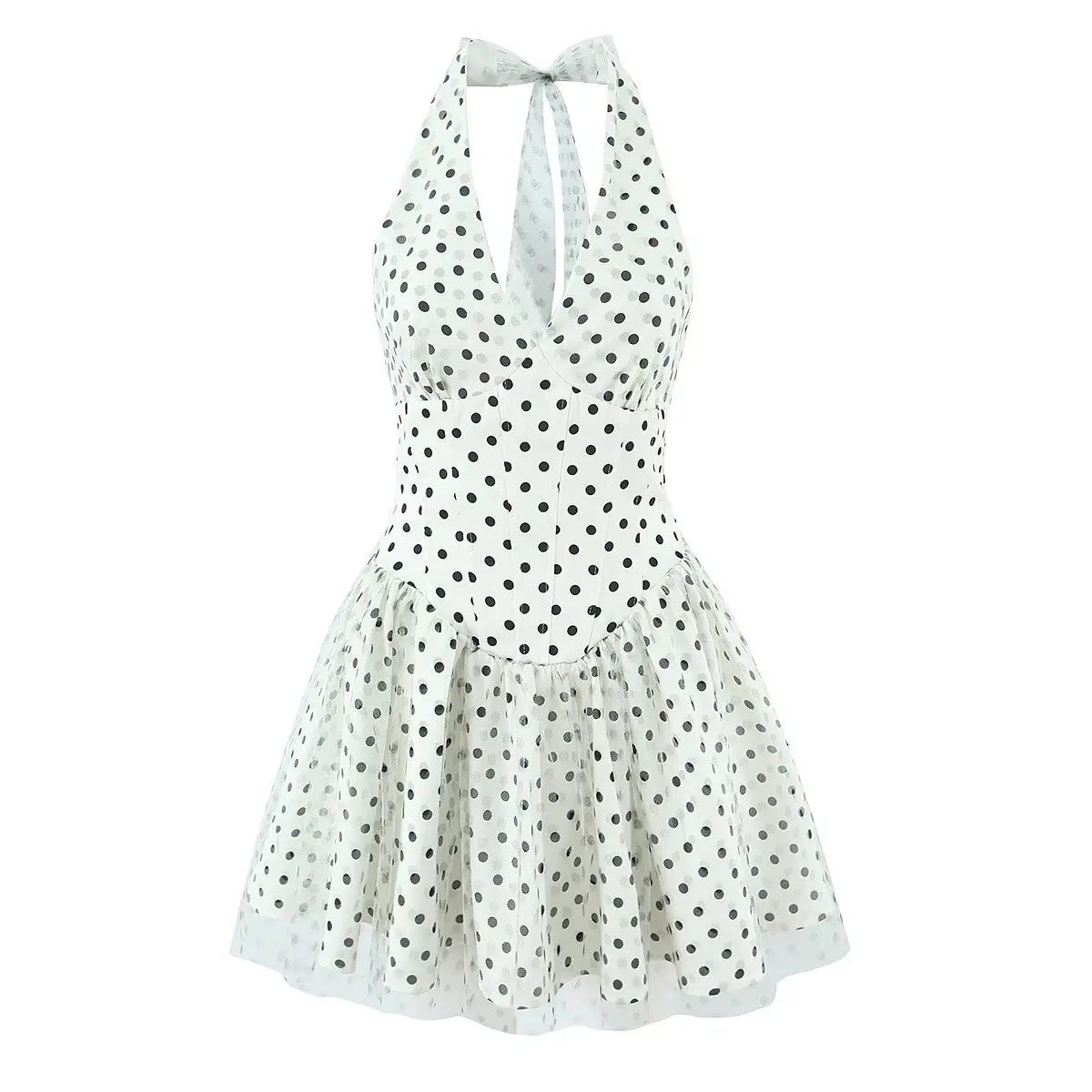 YENKYE Summer 2026 Women White Polka Dot Mini Dress Sexy Backless Halter Mesh Hem Beach Vacation Dresses French Style Robe