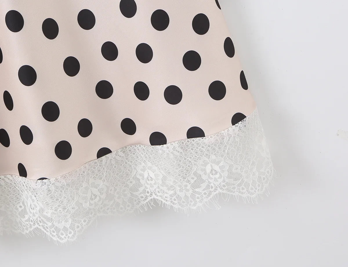 2026 New Women's Polka Dot 2 Piece Outfit V Neck With Scarf Blouse + High Waist Lace Trim Mermaid Maxi Skirt Elegant Vintage Set