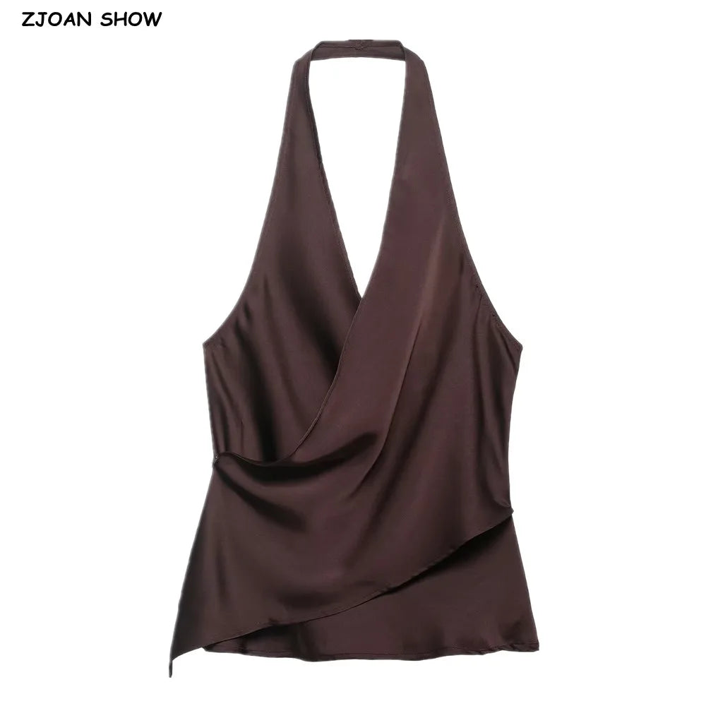 4 colors Sexy Ruched Cross Front Satin Halter Tank Top Women One Button Side Asymmetric Camisole Camis Crop Tee Brown Lavender
