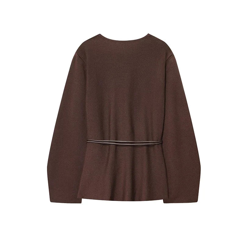 YENKYE 2025 Women With Belt Elegant Knitted Cardigan Cross V Neck Long Sleeve Commute Autumn Outerwear