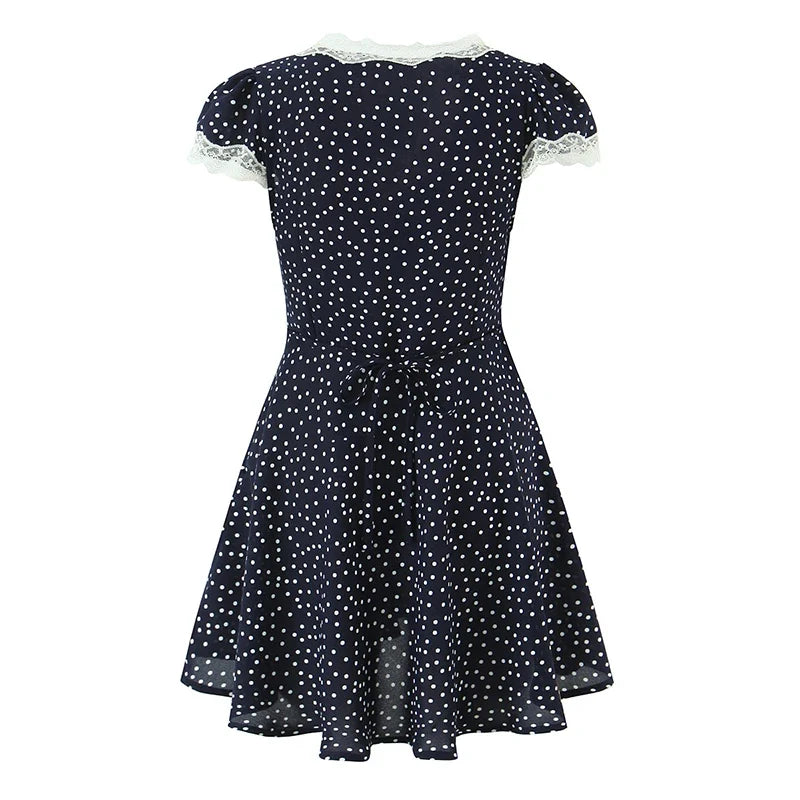 YENKYE 2026 New Women Navy Blue Polka Dot Mini Dress Lace Trim V-Neck Puff Sleeve A-line Summer Dresses Holiday Vestidos