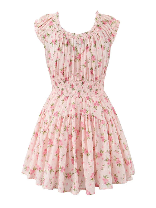 2024 Women Summer Vintage Floral Print Mini Dress Fashion Square Collar Sleeveless Backless Female Party Casual Dresses Vestidos