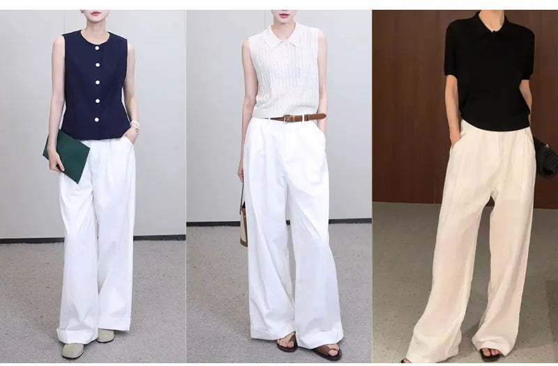 White Cotton Linen Pants Women Wide Leg Formal Trousers Summer Straight Leg Suit Pants High Waist Ladies Formal Pants Loose