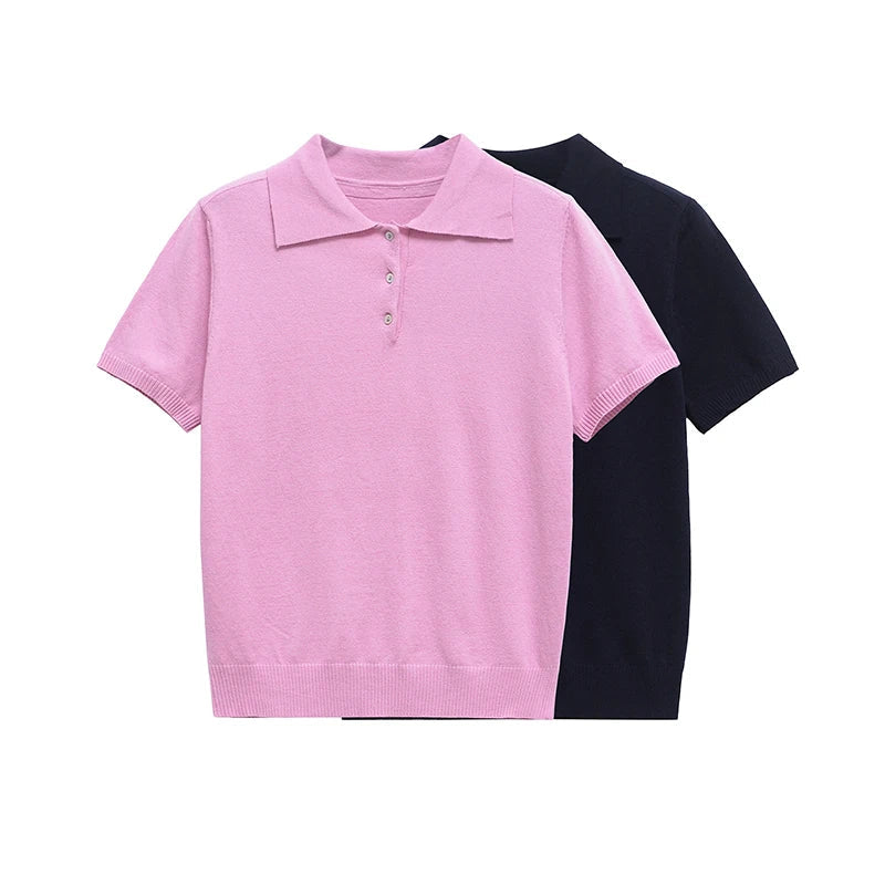 YENKYE New 2025 Women Basic Jersey Polo Collar T Shirt Short Sleeve Front Button Rib Trim Tees Spring Summer Crop Top