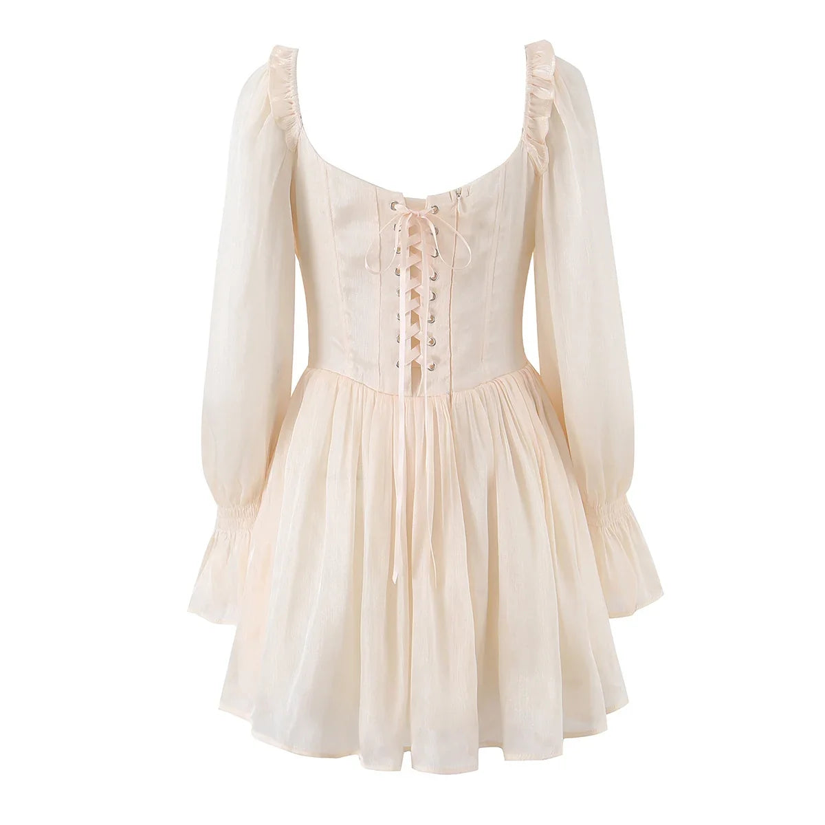Women Bright Apicot Wood Ears Fold Chest Puff Long Sleeve Dress Boning Low Waist Cross Bandage Lacing Up Back Short Dresses Robe