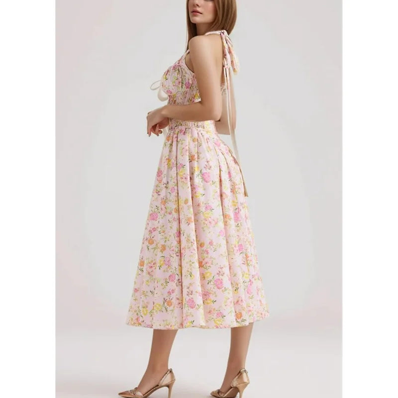 2024 Sexy Pink Corset Style Bow Halter Dress Spliced Lace Drawstring Rope Chest Pleated Slim Low Waist A-lined Swing Midi Robe