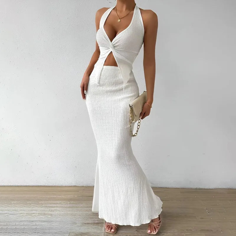 Tuularose White Long Skirt Two Piece Summer Sexy Twist Lace-up Vest Top Tight Long Skirt Set Elegant 2025 Female Long Dress Sets