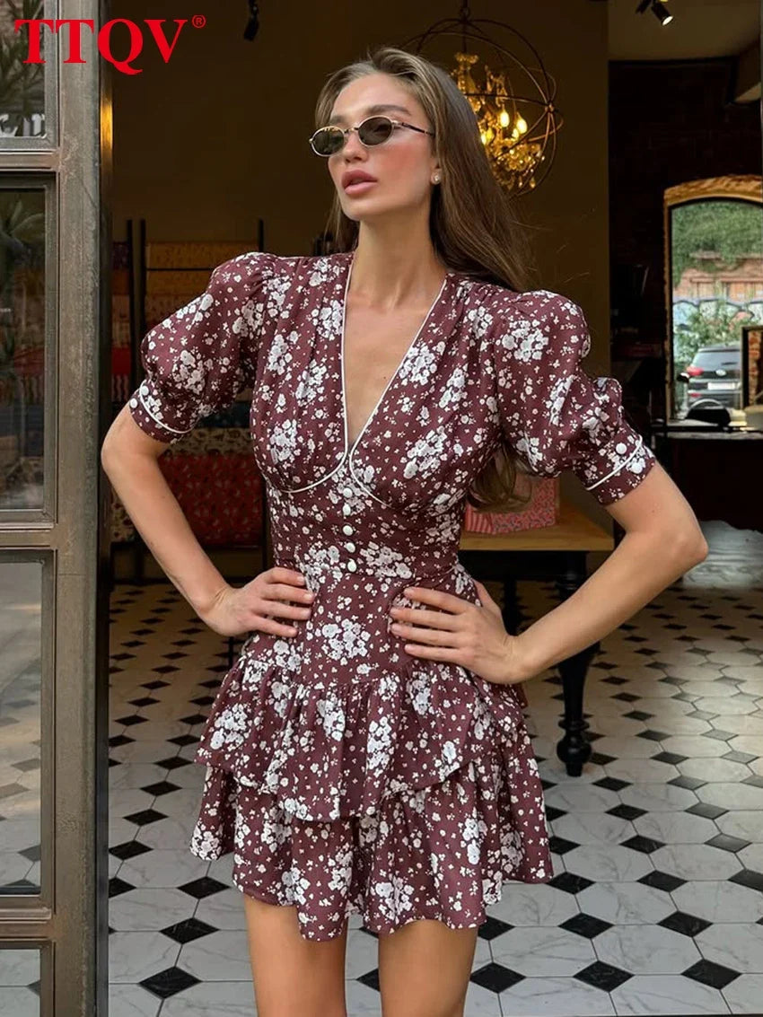 TTQV Summer Slim Print Women's Dress 2026 Sexy V-Neck Short Sleeve Mini Dresses Elegant Classic Pleated Female Dress Streetwear