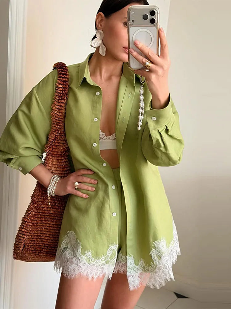 Beach Shirts Shorts Outfits Women Lapel Single Breasted Long Sleeves Lace Patchwork Sets Female 2026 Spring Summer Holiday Sets