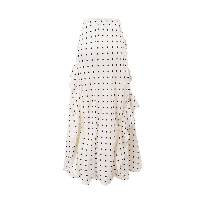 YENKYE Polka Dot Ruffle Maxi Skirt Women 2026 New High Waist A Line Elegant Vacation Summer Skirts