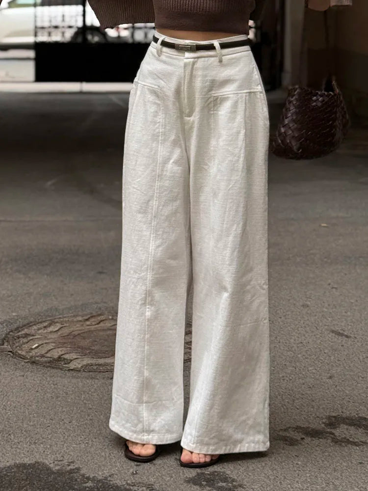 White Cotton Linen Pants Women Wide Leg Formal Trousers Summer Straight Leg Suit Pants High Waist Ladies Formal Pants Loose