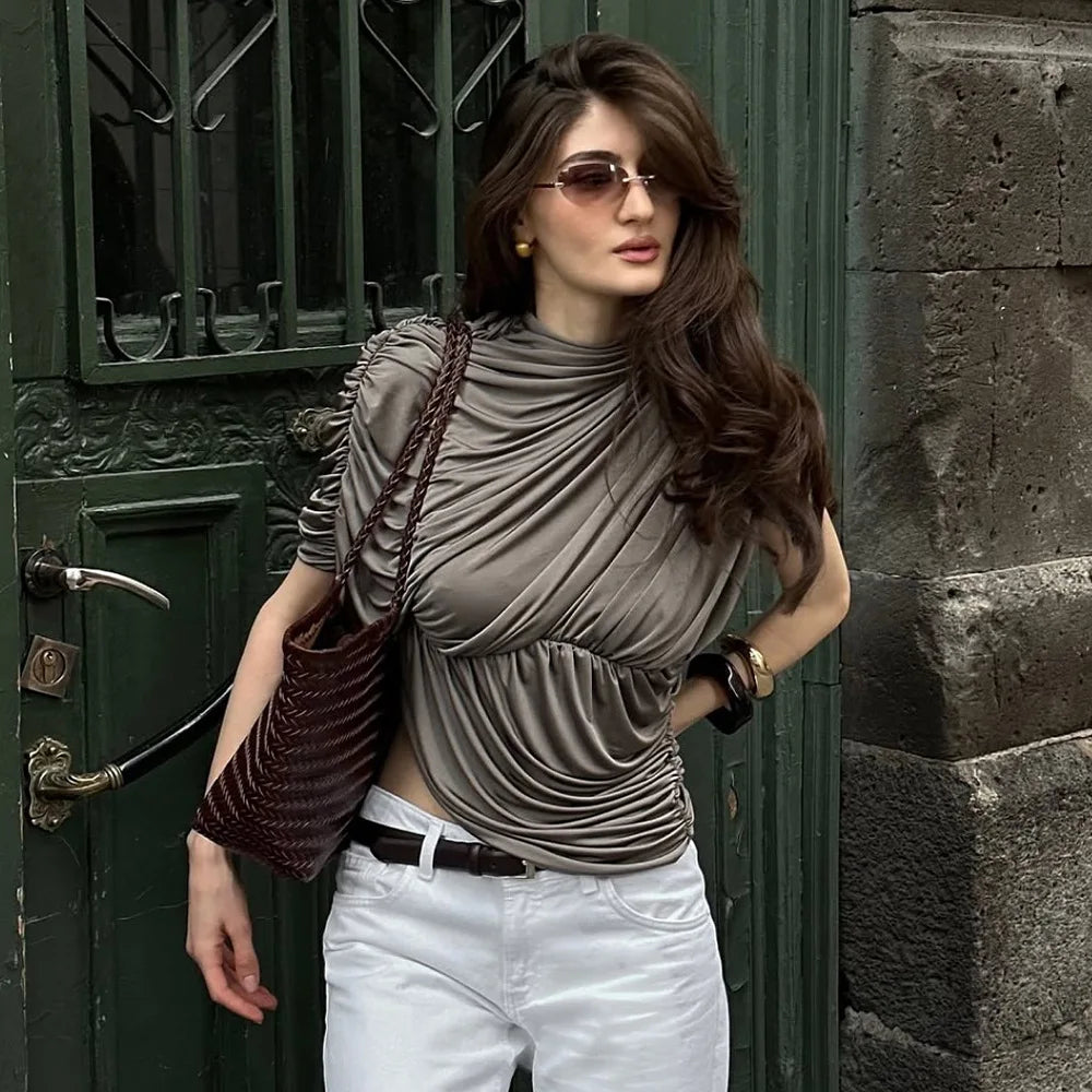 Cryptographic Fashion Ruched Asymmetrical Tops for Women Outfits Sexy Solid Sleeveless Chic Tops T-shirts Slim Summer Clothes