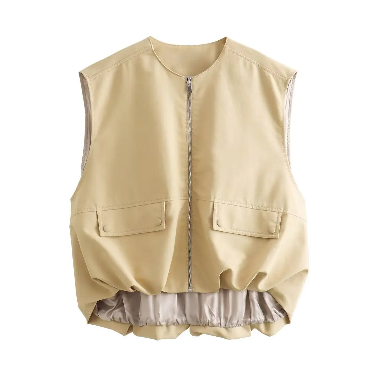 YENKYE New Women Gathered Hem Oversize Vest Round Neck Female Autumn Winter Female Chic Crop Waistcoat