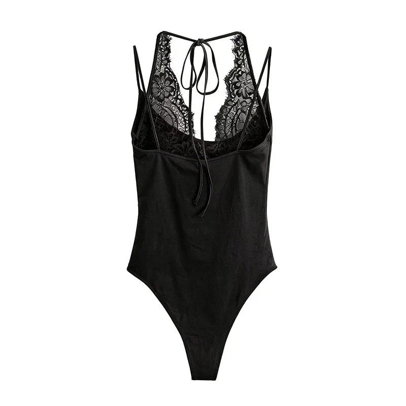 YENKYE Lace Patchwork Sexy Bodysuit Women O Neck Thin Straps Summer Tops