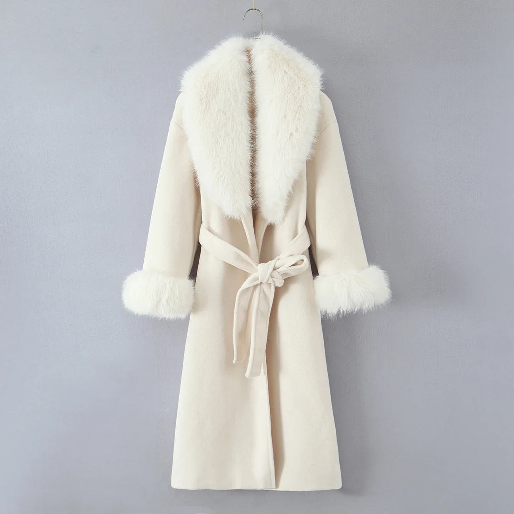 New Autumn Winter Black Shaggy Faux Fur Lapel Collar Woolen Coat Women Bow Sashes Long Sleeve No Button Midi Trench Outerwear