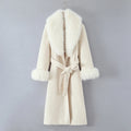 New Autumn Winter Black Shaggy Faux Fur Lapel Collar Woolen Coat Women Bow Sashes Long Sleeve No Button Midi Trench Outerwear