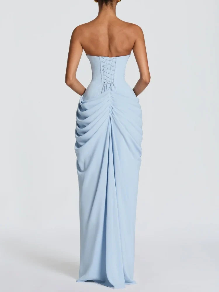 VC Elegant Blue Strapless Pleated Ruched Maxi Dress for Women Sexy High Split Bodycon Evening Gown Party Cocktail Dress vestidos