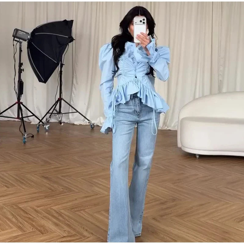Fashion Street Ruffle Women's Blouse Solid Single Breasted Full Sleeve Pleated Cropped Shirt Lady New Casual Spring Clothing
