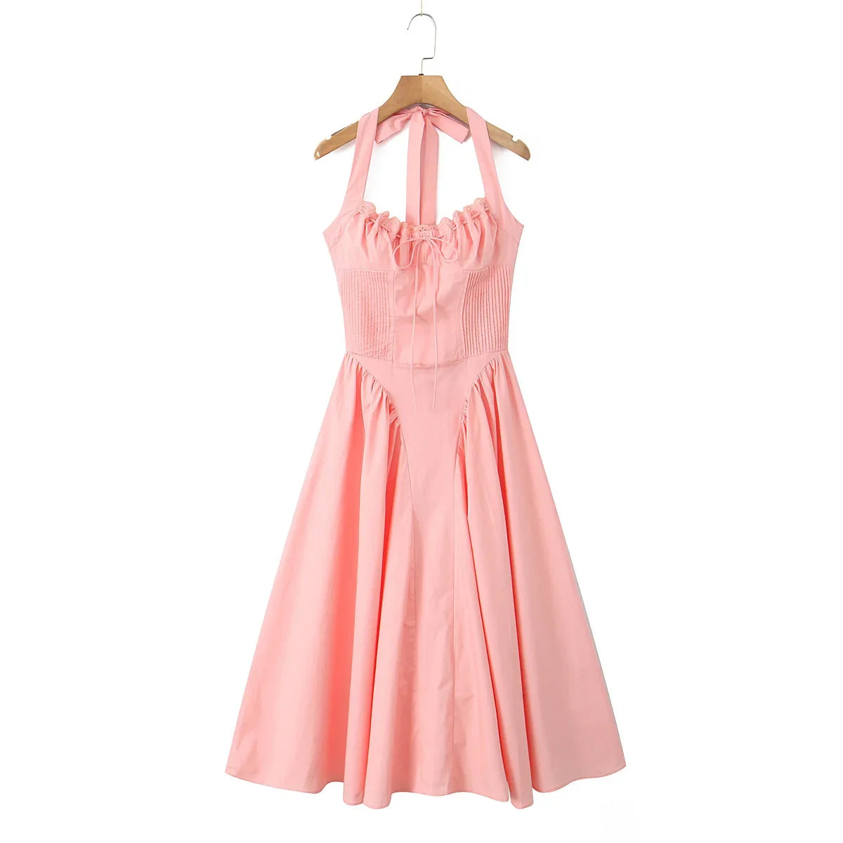 2024 Sexy Pink Corset Style Bow Halter Dress Spliced Lace Drawstring Rope Chest Pleated Slim Low Waist A-lined Swing Midi Robe