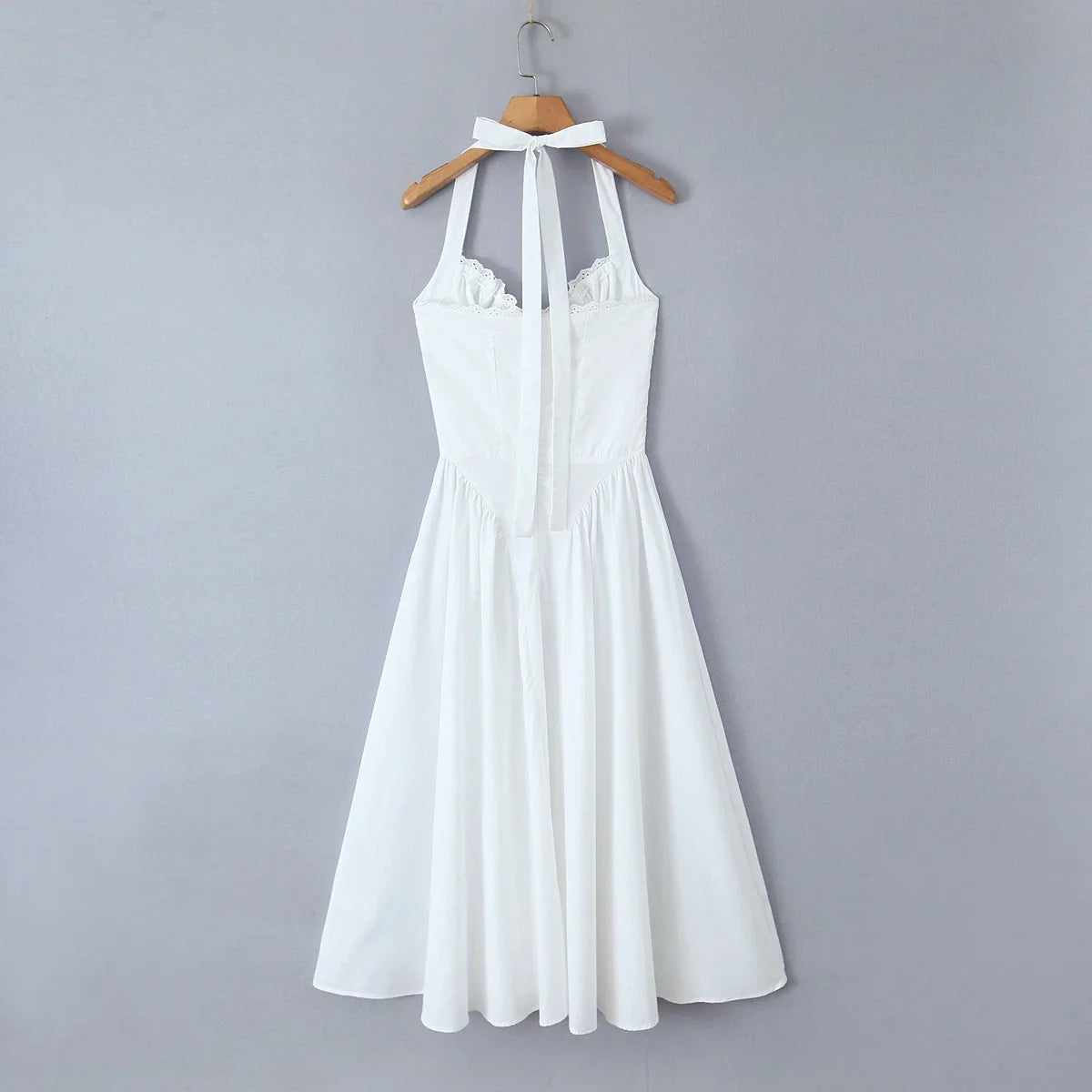 2024 Sexy Pink Corset Style Bow Halter Dress Spliced Lace Drawstring Rope Chest Pleated Slim Low Waist A-lined Swing Midi Robe