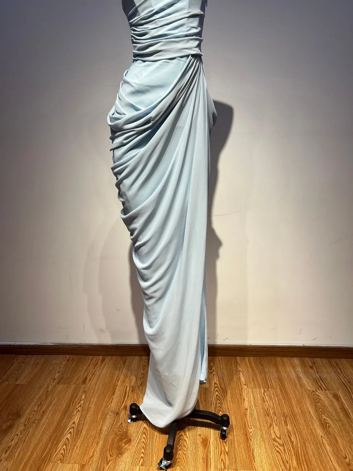 VC Elegant Blue Strapless Pleated Ruched Maxi Dress for Women Sexy High Split Bodycon Evening Gown Party Cocktail Dress vestidos