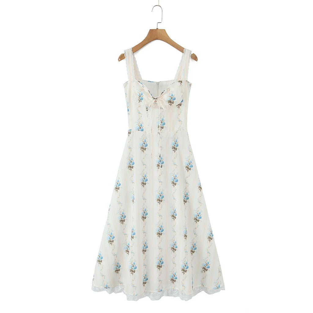 YENKYE New Fashion Women A-line Midi Elegant Party Dresses Sexy Wide Straps Lace Spliced Holiday Summer Floral Print Dress 2025