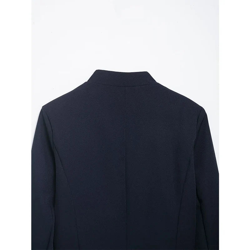 YENKYE 2026 New Women's Navy Blue Single Breasted Crop Jacket Long Sleeve Vintage Casual Coat For Daily Office