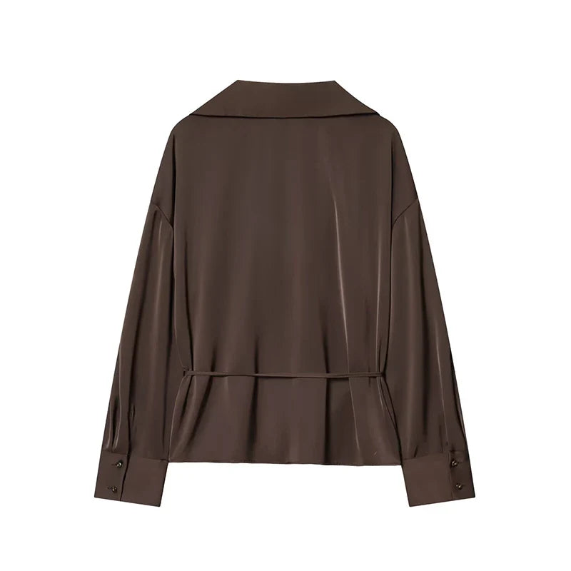 YENKYE New 2026 Women Elegant With Belt Satin Shirt Long Sleeve Front Button Spring Summer Office Shirts